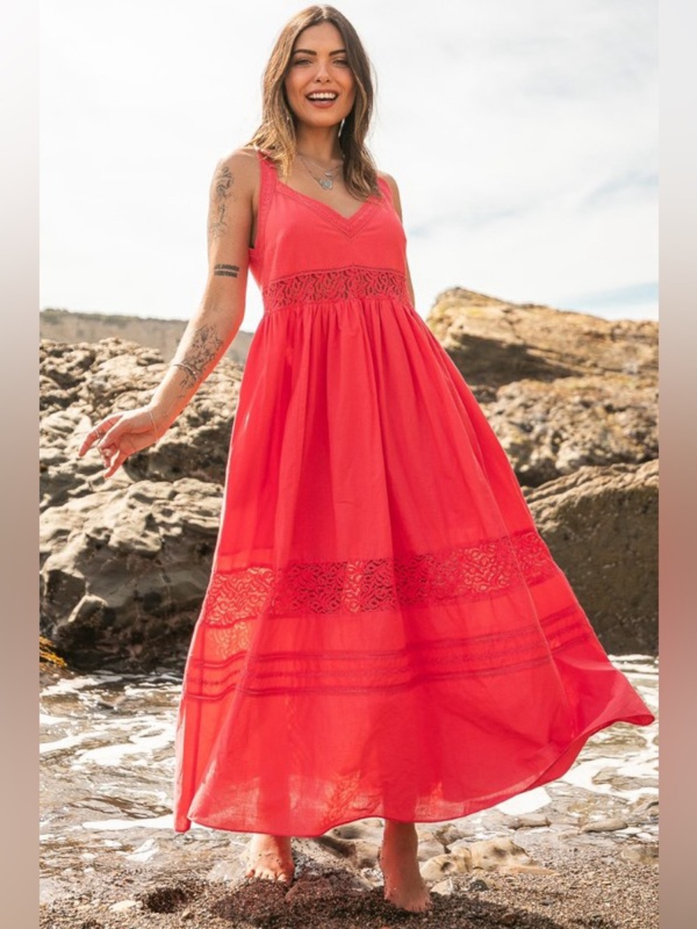 Coral Lace-Detail Maxi Dress
